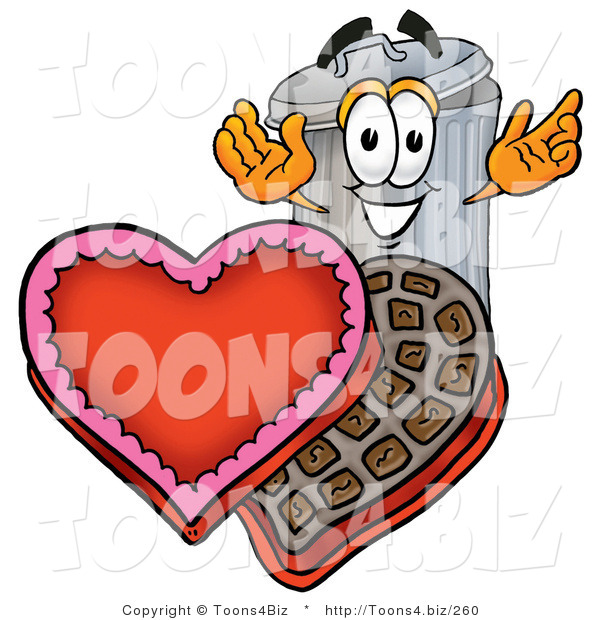 Illustration of a Cartoon Trash Can Mascot with an Open Box of Valentines Day Chocolate Candies