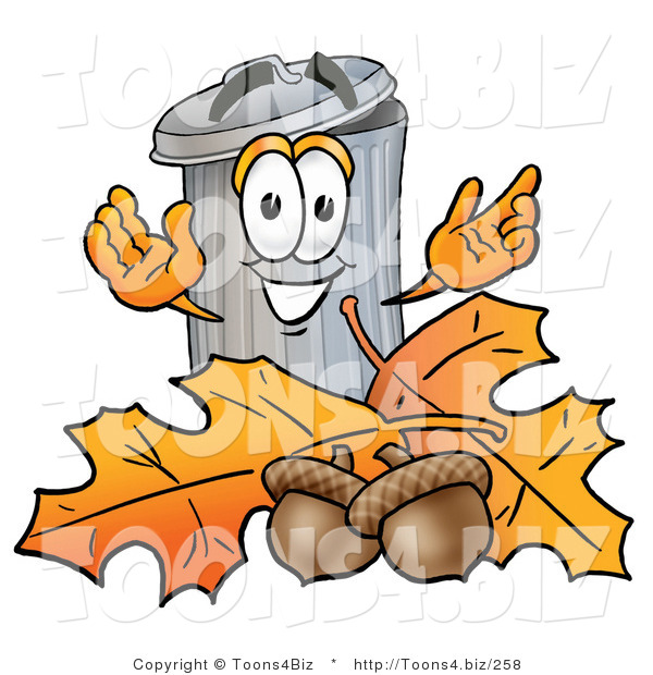 Illustration of a Cartoon Trash Can Mascot with Autumn Leaves and Acorns in the Fall