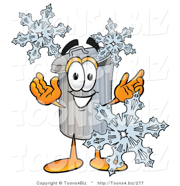 Illustration of a Cartoon Trash Can Mascot with Three Snowflakes in Winter