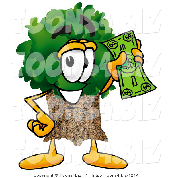 Illustration of a Cartoon Tree Mascot Holding a Dollar Bill