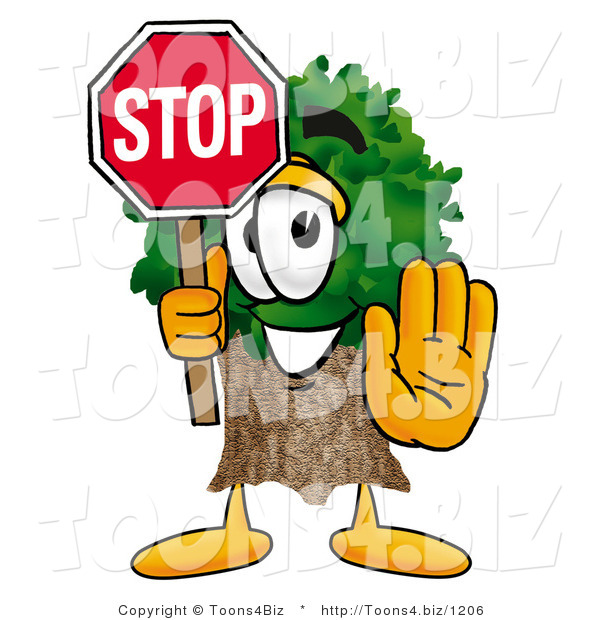 Illustration of a Cartoon Tree Mascot Holding a Stop Sign