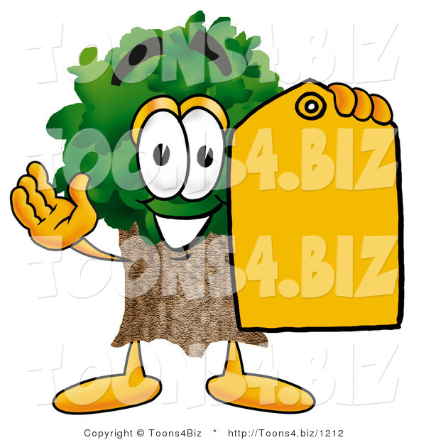 Illustration of a Cartoon Tree Mascot Holding a Yellow Sales Price Tag