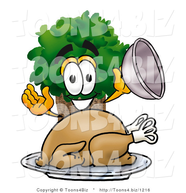 Illustration of a Cartoon Tree Mascot Serving a Thanksgiving Turkey on a Platter