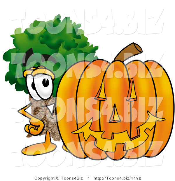 Illustration of a Cartoon Tree Mascot with a Carved Halloween Pumpkin