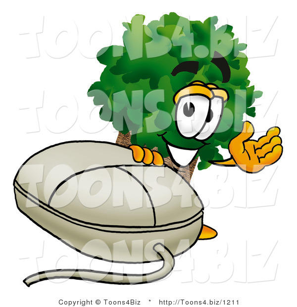 Illustration of a Cartoon Tree Mascot with a Computer Mouse