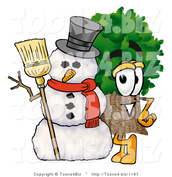 Illustration of a Cartoon Tree Mascot with a Snowman on Christmas