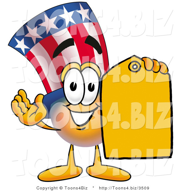 Illustration of a Cartoon Uncle Sam Mascot Holding a Yellow Sales Price Tag