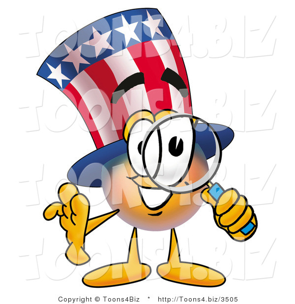 Illustration of a Cartoon Uncle Sam Mascot Looking Through a Magnifying Glass
