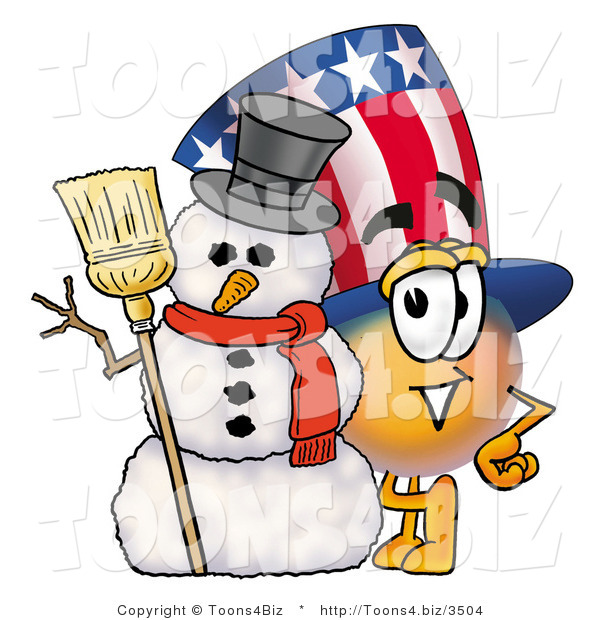 Illustration of a Cartoon Uncle Sam Mascot with a Snowman on Christmas