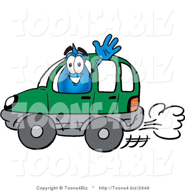 Illustration of a Cartoon Water Drop Mascot Driving a Green Car and Waving