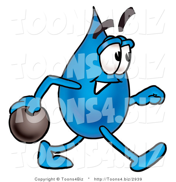 Illustration of a Cartoon Water Drop Mascot Holding a Bowling Ball