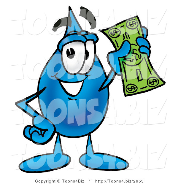 Illustration of a Cartoon Water Drop Mascot Holding a Dollar Bill