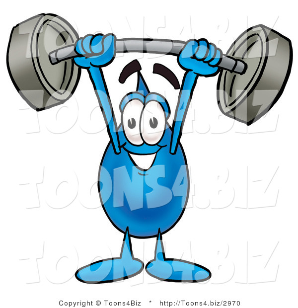 Illustration of a Cartoon Water Drop Mascot Holding a Heavy Barbell Above His Head