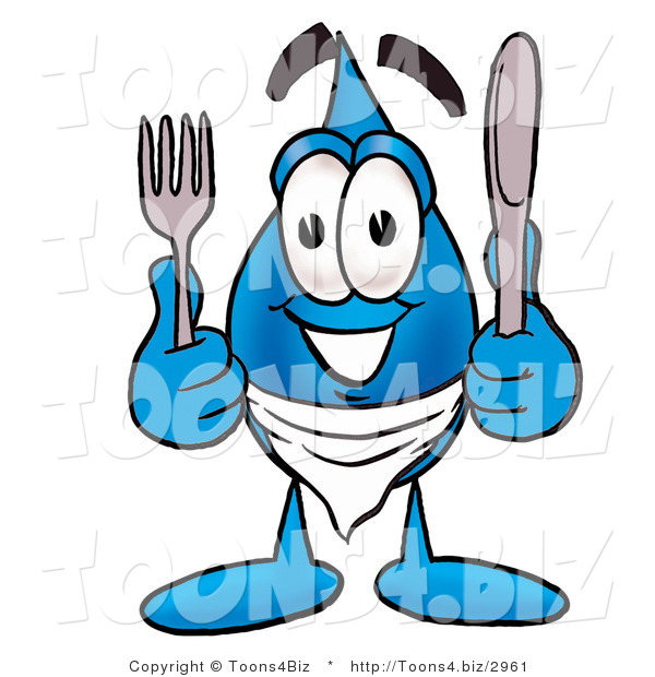 Illustration of a Cartoon Water Drop Mascot Holding a Knife and Fork