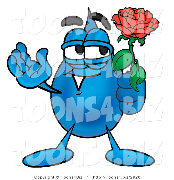 Illustration of a Cartoon Water Drop Mascot Holding a Red Rose on Valentines Day