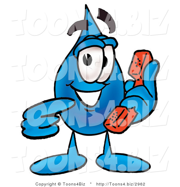 Illustration of a Cartoon Water Drop Mascot Holding a Telephone