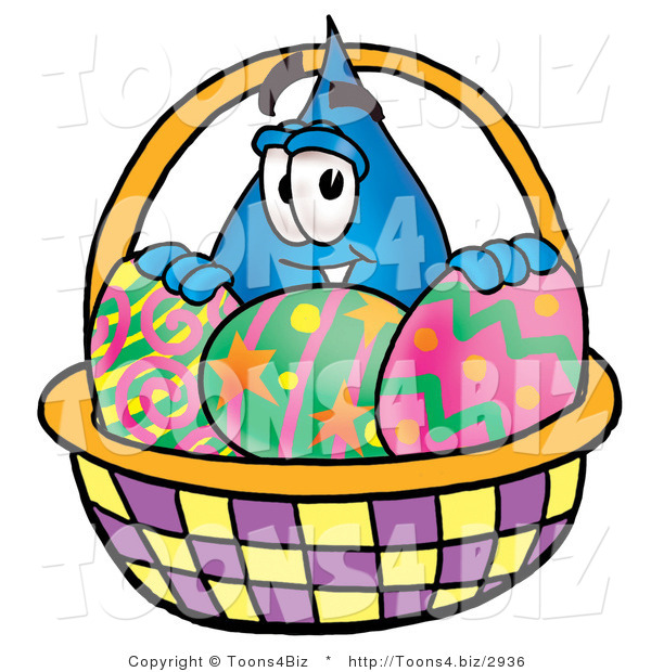Illustration of a Cartoon Water Drop Mascot in an Easter Basket Full of Decorated Easter Eggs