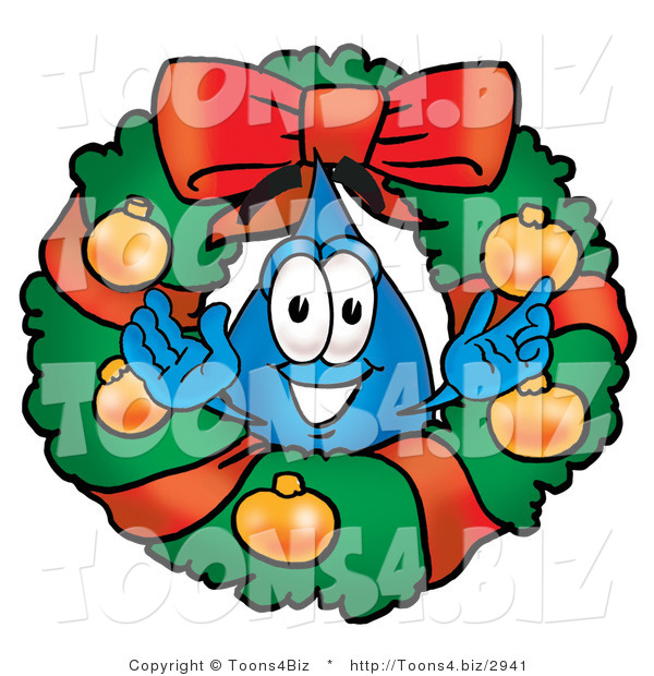 Illustration of a Cartoon Water Drop Mascot in the Center of a Christmas Wreath