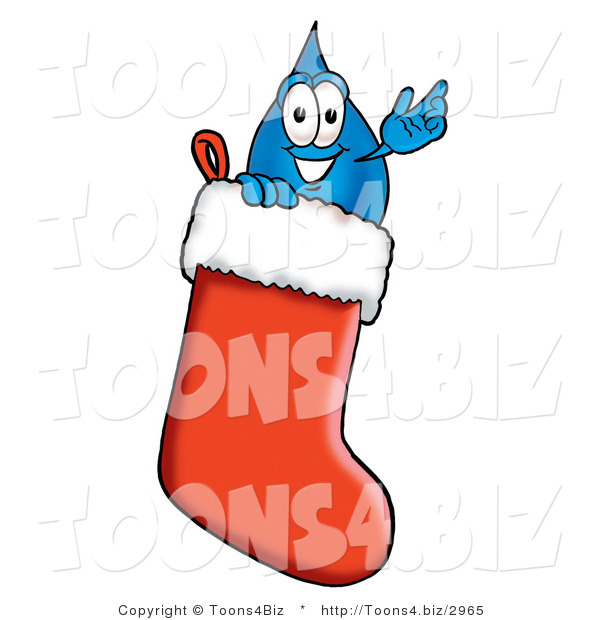 Illustration of a Cartoon Water Drop Mascot Inside a Red Christmas Stocking