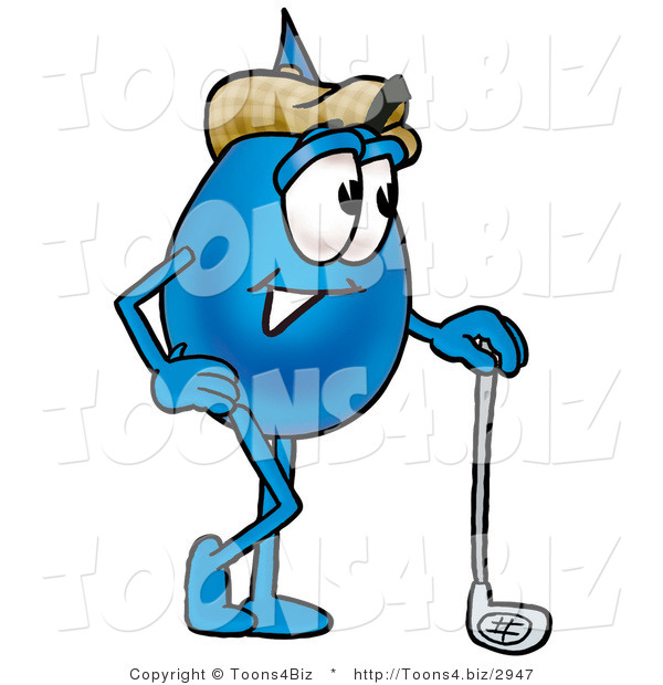 Illustration of a Cartoon Water Drop Mascot Leaning on a Golf Club While Golfing