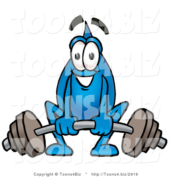 Illustration of a Cartoon Water Drop Mascot Lifting a Heavy Barbell