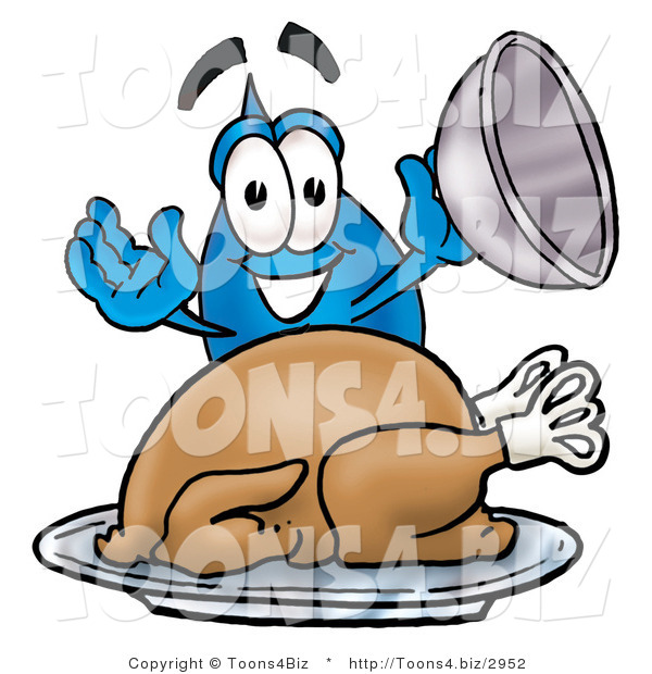 Illustration of a Cartoon Water Drop Mascot Serving a Thanksgiving Turkey on a Platter