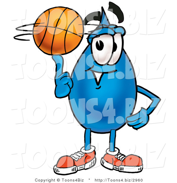 Illustration of a Cartoon Water Drop Mascot Spinning a Basketball on His Finger