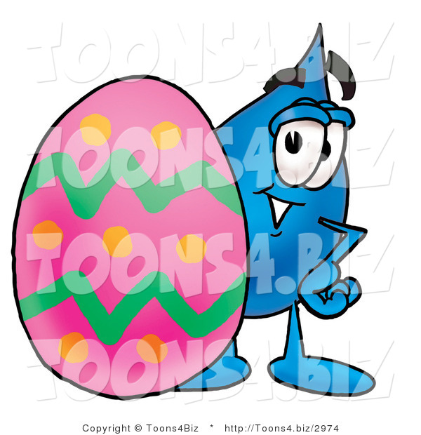 Illustration of a Cartoon Water Drop Mascot Standing Beside an Easter Egg