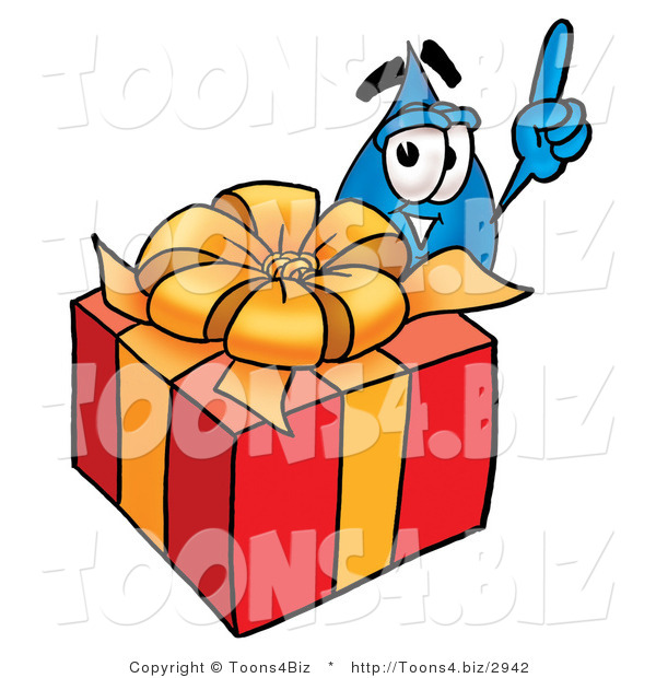 Illustration of a Cartoon Water Drop Mascot Standing by a Christmas Present
