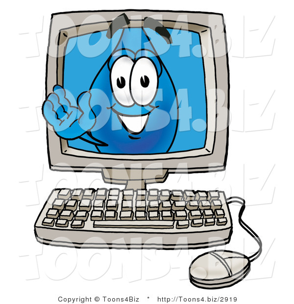 Illustration of a Cartoon Water Drop Mascot Waving from Inside a Computer Screen