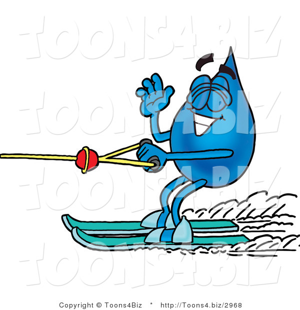 Illustration of a Cartoon Water Drop Mascot Waving While Water Skiing