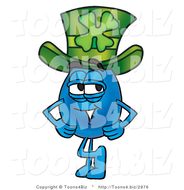 Illustration of a Cartoon Water Drop Mascot Wearing a Saint Patrick's Day Hat with a Clover