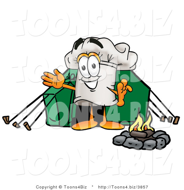 Illustration of a Chef Hat Mascot Camping with a Tent and Fire