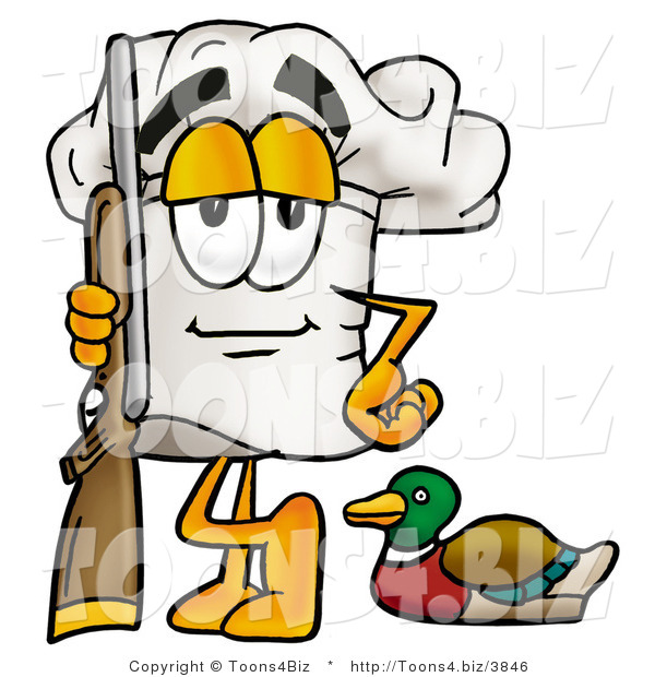 Illustration of a Chef Hat Mascot Duck Hunting, Standing with a Rifle and Duck