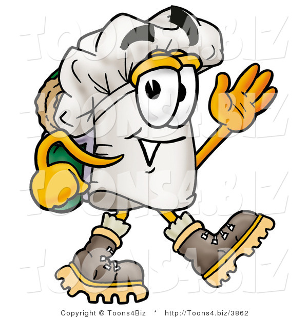Illustration of a Chef Hat Mascot Hiking and Carrying a Backpack