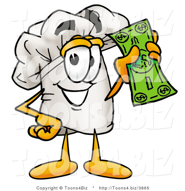 Illustration of a Chef Hat Mascot Holding a Dollar Bill