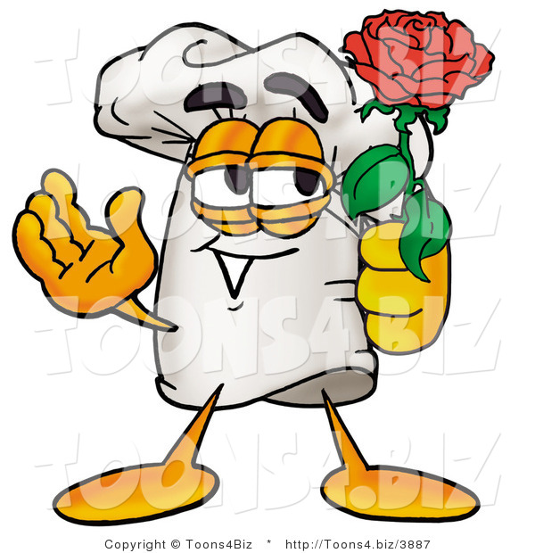 Illustration of a Chef Hat Mascot Holding a Red Rose on Valentines Day