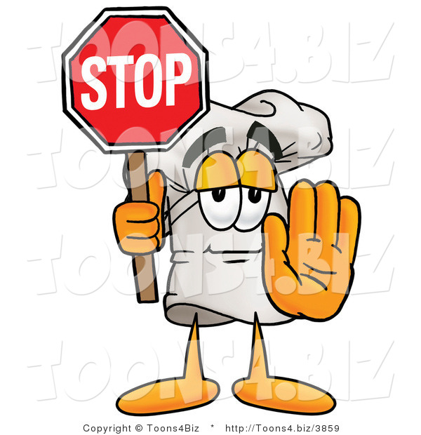 Illustration of a Chef Hat Mascot Holding a Stop Sign