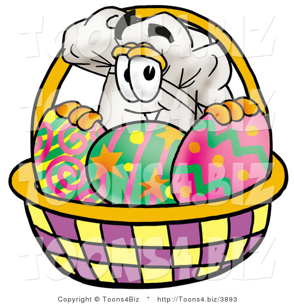 Illustration of a Chef Hat Mascot in an Easter Basket Full of Decorated Easter Eggs