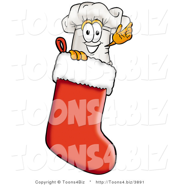 Illustration of a Chef Hat Mascot Inside a Red Christmas Stocking