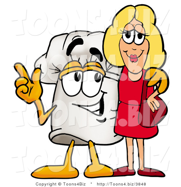 Illustration of a Chef Hat Mascot Talking to a Pretty Blond Woman