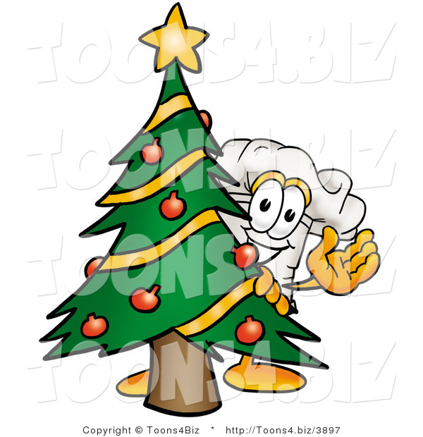 Illustration of a Chef Hat Mascot Waving and Standing by a Decorated Christmas Tree