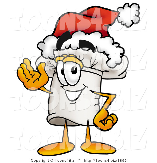 Illustration of a Chef Hat Mascot Wearing a Santa Hat and Waving