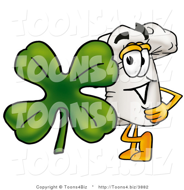 Illustration of a Chef Hat Mascot with a Green Four Leaf Clover on St Paddy's or St Patricks Day