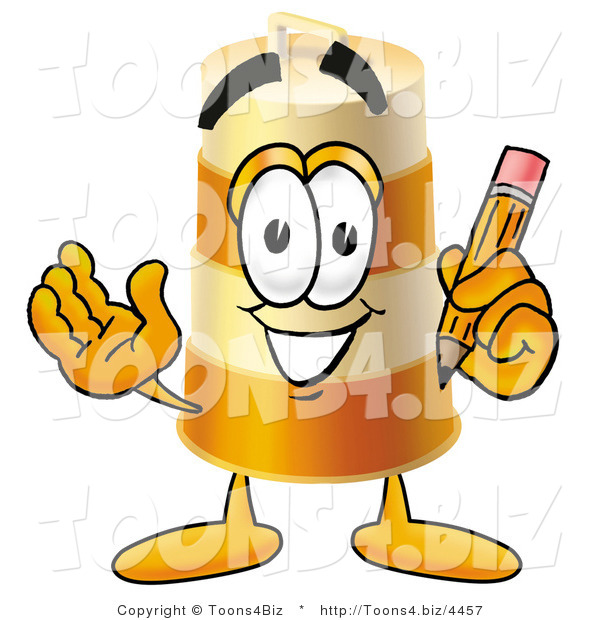 Illustration of a Construction Safety Barrel Mascot Holding a Pencil