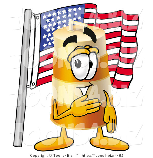 Illustration of a Construction Safety Barrel Mascot Pledging Allegiance to an American Flag