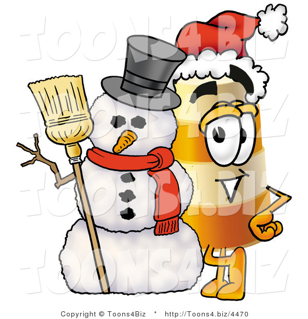 Illustration of a Construction Safety Barrel Mascot with a Snowman on Christmas