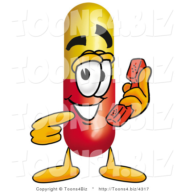 Illustration of a Medical Pill Capsule Mascot Holding a Telephone