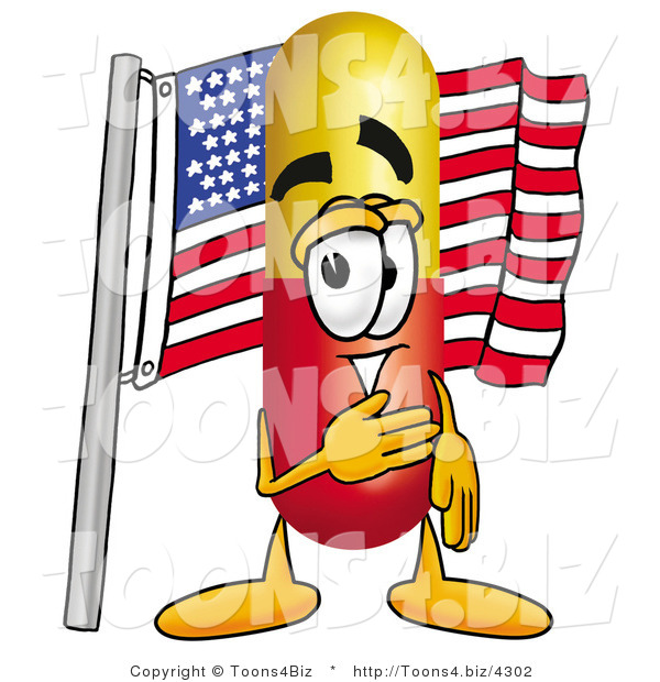 Illustration of a Medical Pill Capsule Mascot Pledging Allegiance to an American Flag