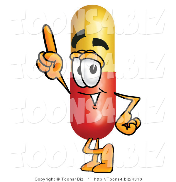 Illustration of a Medical Pill Capsule Mascot Pointing Upwards